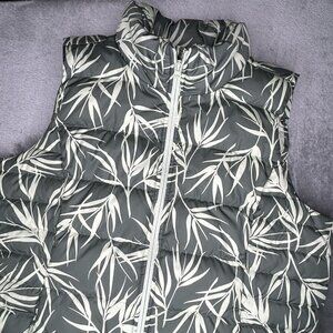 Lands End Vest Womens Large Green Winter Down Puffer Leaf Print Full Zip Size L